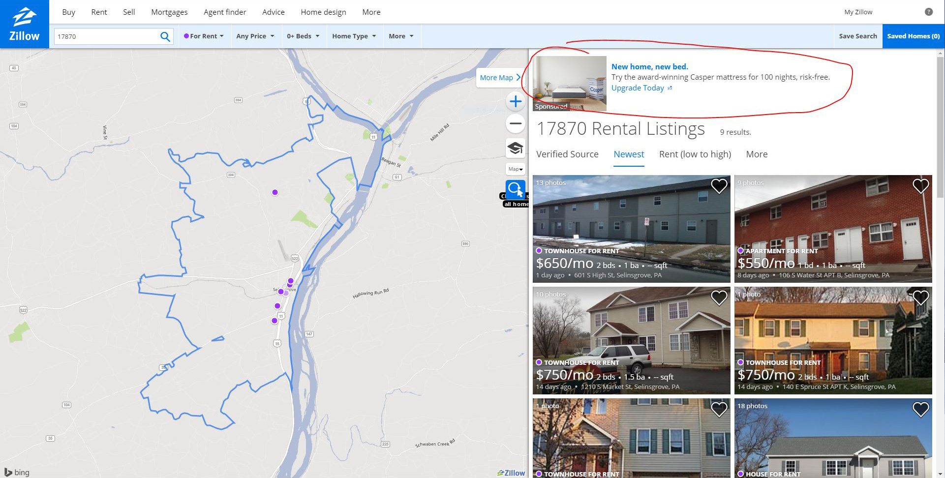 A Zillow search result screenshot with the ad space highlighted.